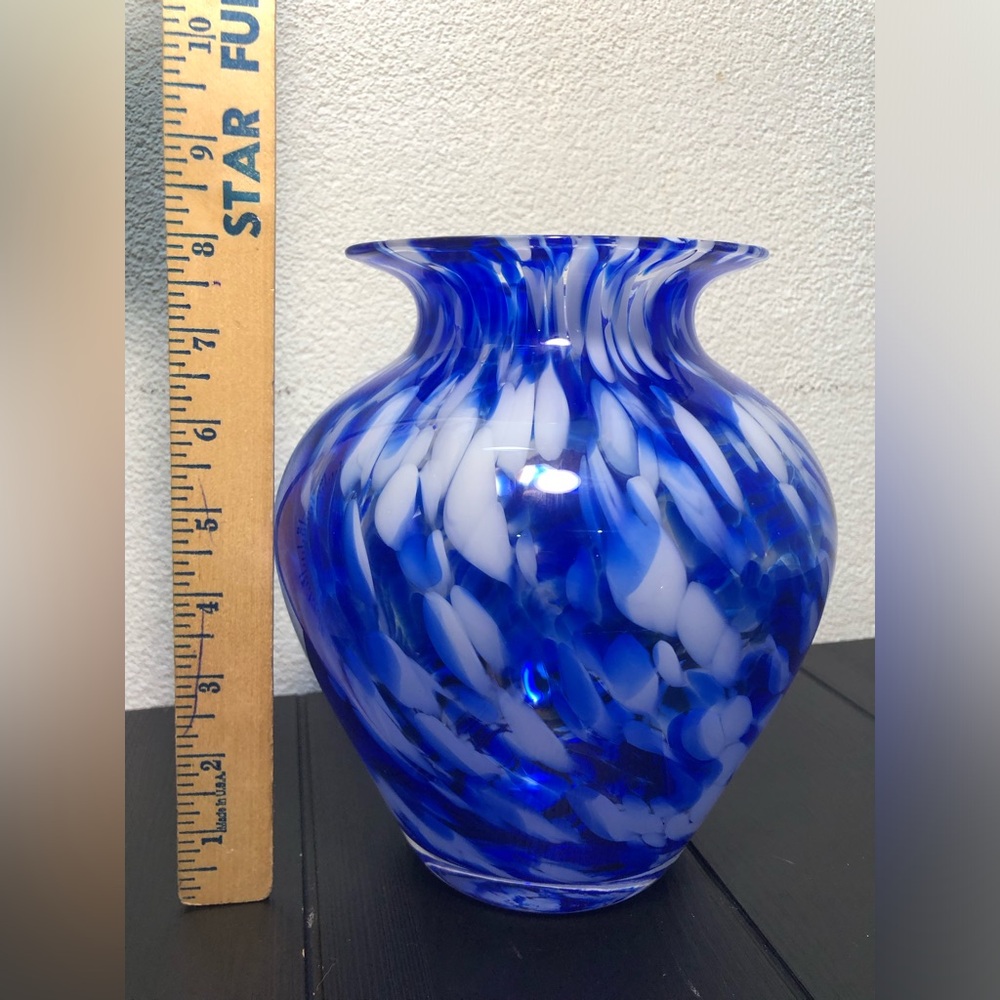 Blue and White Swirl Art Glass Vase - Picture 2 of 5